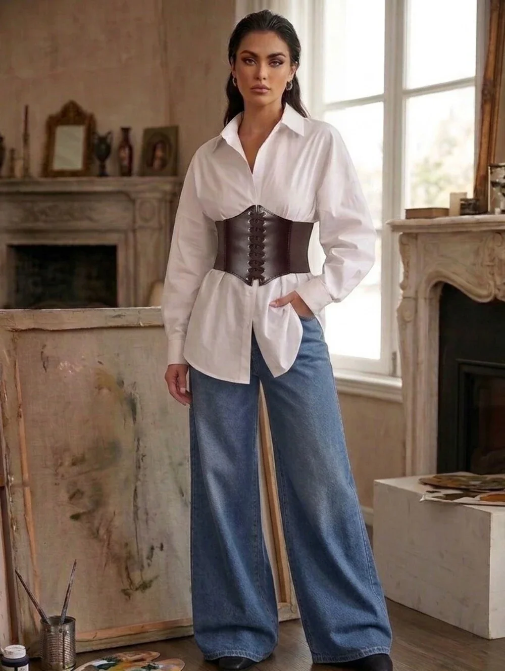 Corset Style Underbust Brown Elastic Wide Waist Belt Faux Leather One Size